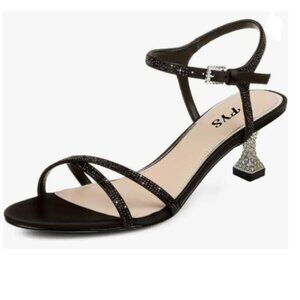 FYS Black Open Toe Sandals Glitter Strappy Kitten Heels Rhinestone Studded Shoes